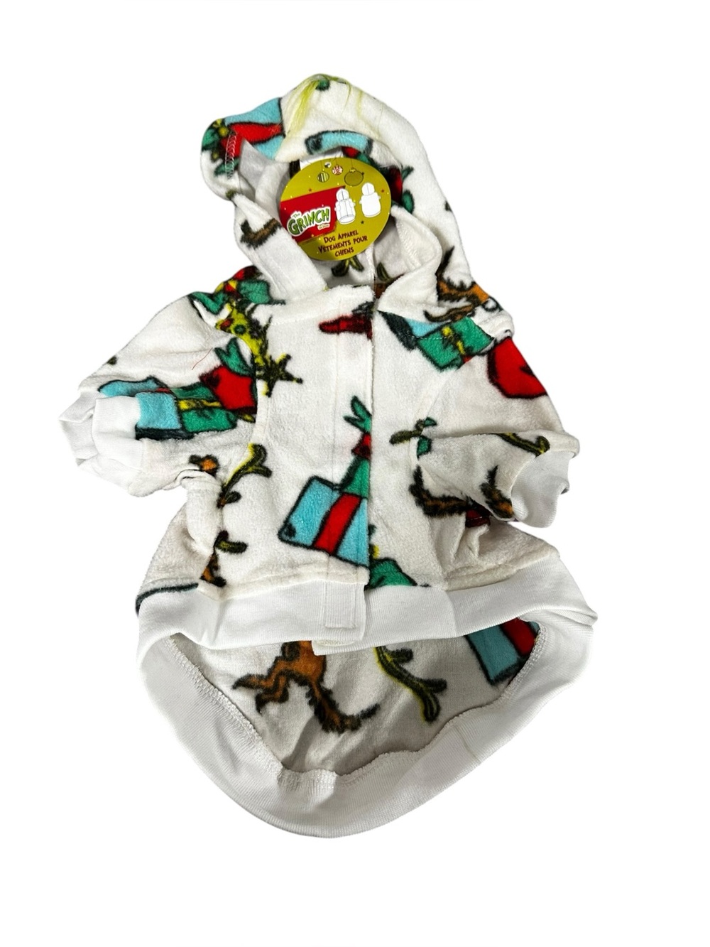The Grinch Fleece Hoodie Pet coat - White with Red & Teal Gift Print